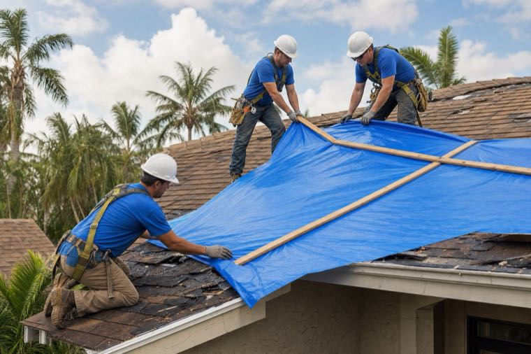 Roofing crew responding to storm damage on a Florida home.