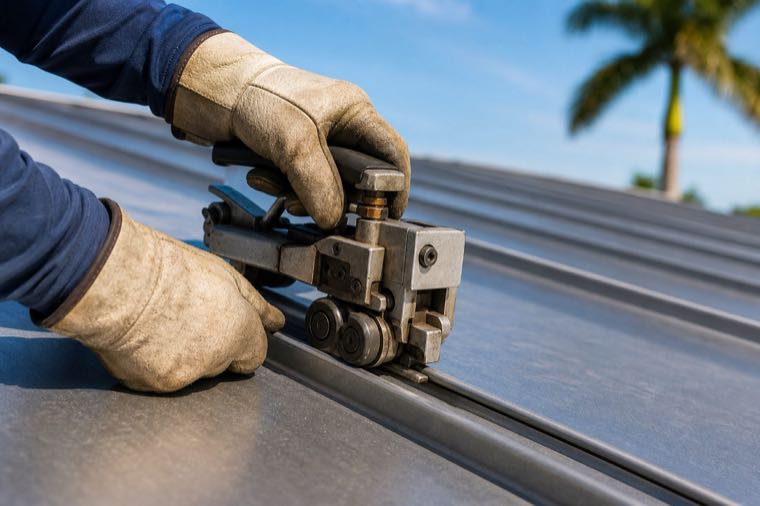 Hand-seaming a metal roof panel