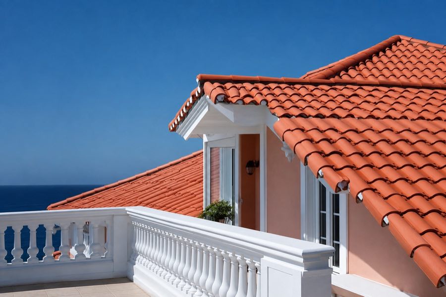 Barrel tile roof with white trim
