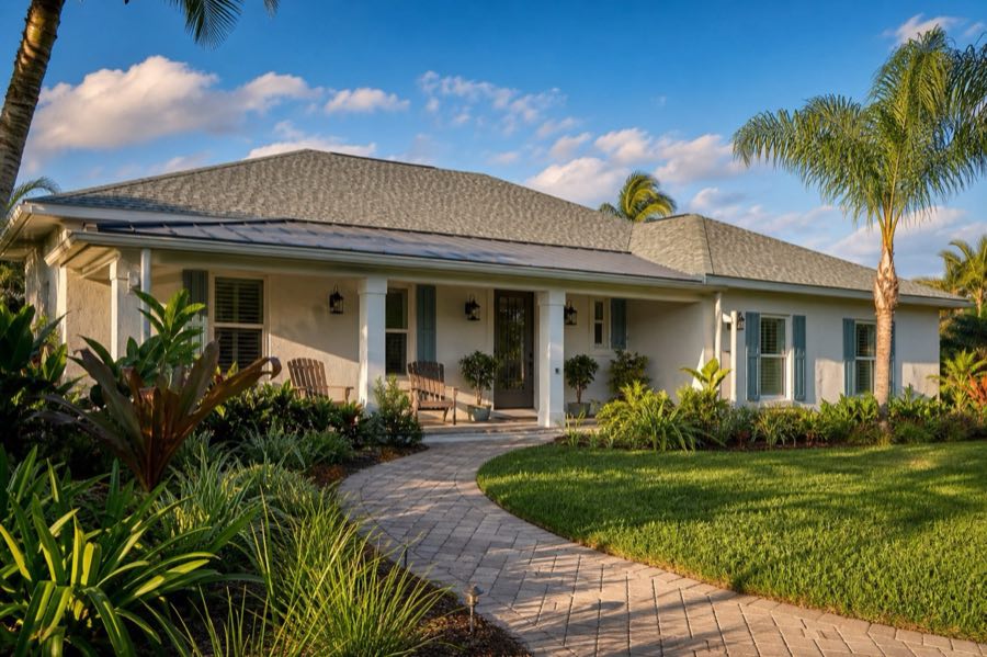 Shingle roof with a metal porch