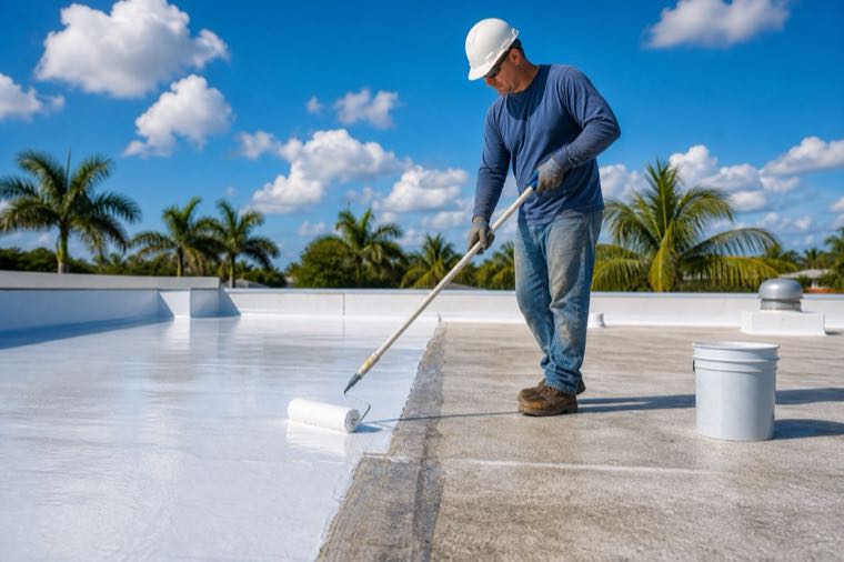 Roofer rolling reflective coating across a low-slope Florida roof.