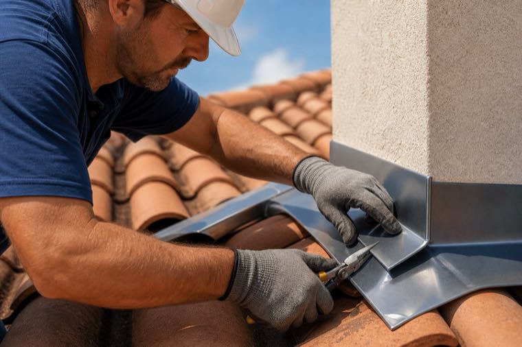 Roofer repairing flashing around a chimney on a Florida roof