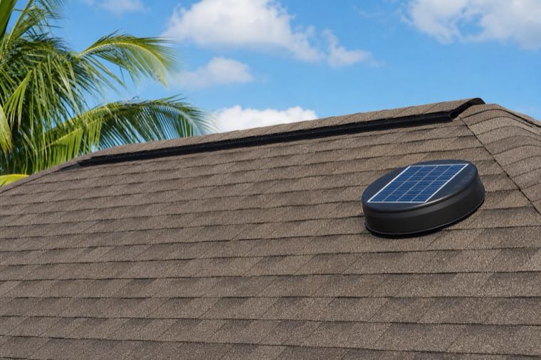 Ridge vent and solar attic fan on a Florida shingle roof.