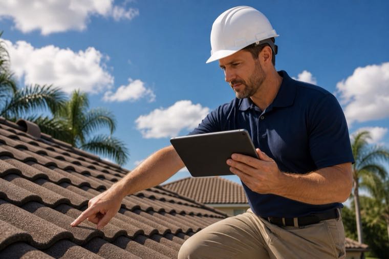 Photo-documented roof inspection report on a clipboard.