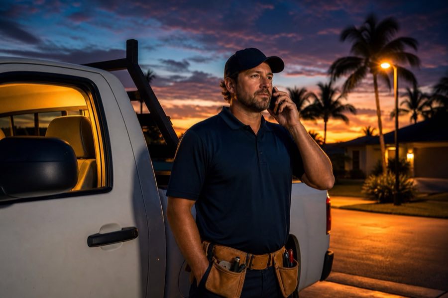 Apex Roof Systems foreman taking an after-hours emergency call at dusk.