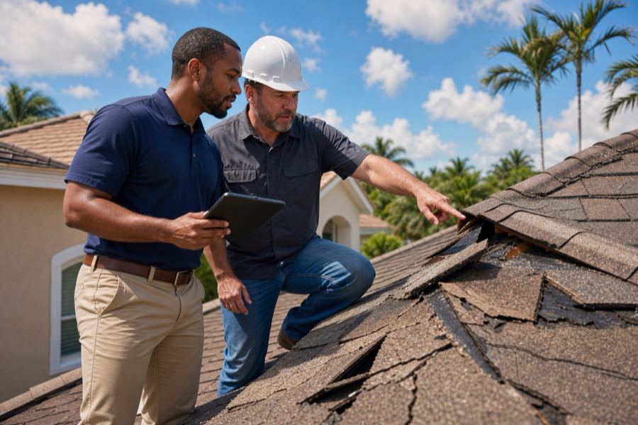 Apex Roof Systems foreman documenting storm damage on a Florida roof.